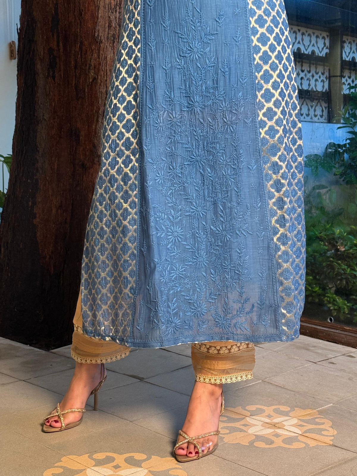 Blue Shade Zari Chanderi Chikankari Ready to Wear Tunics