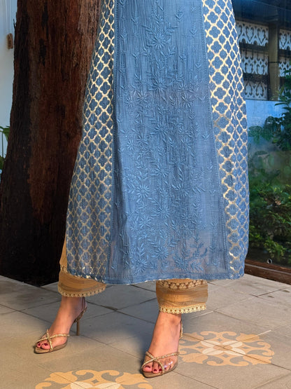 Blue Shade Zari Chanderi Chikankari Ready to Wear Tunics