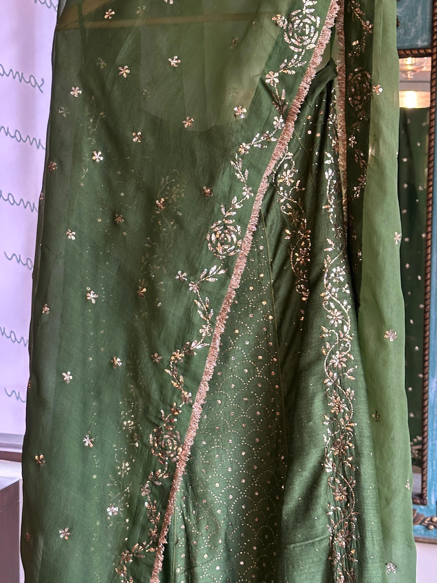 Green Moonga Silk Mukaish Badla Lehenga Set