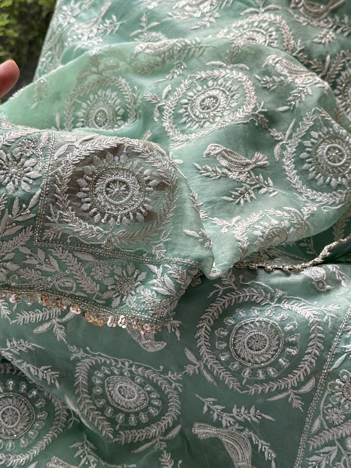 Mint Green Sparrow Motif Noor Organza Chikankari Saree With Blouse