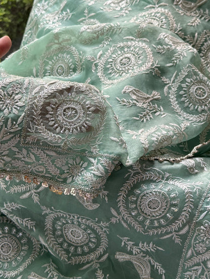 Mint Green Sparrow Motif Noor Organza Chikankari Saree With Blouse