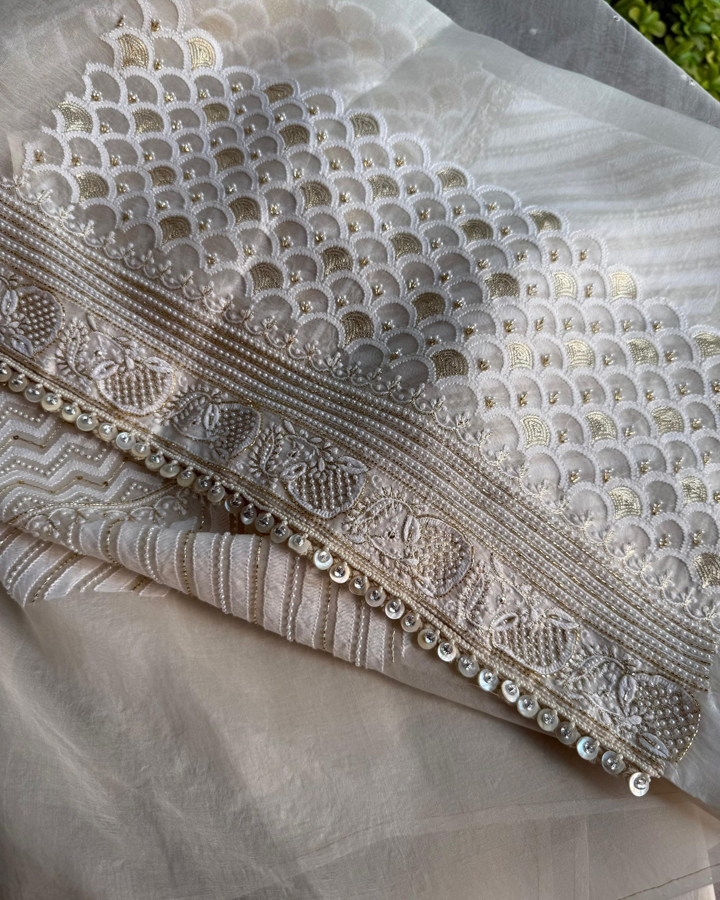 White Noor Benarasi Organza Silk Chikankari Unstitched Kurta Dupatta Set