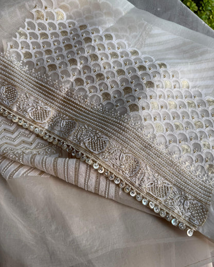 White Noor Benarasi Organza Silk Chikankari Unstitched Kurta Dupatta Set