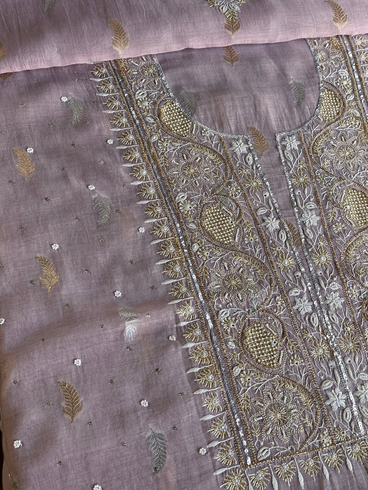 Lavender Shade Banarasi Zari Chanderi Unstitched Chikankari Fabric