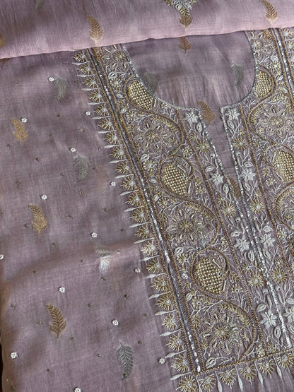 Lavender Shade Banarasi Zari Chanderi Unstitched Chikankari Fabric