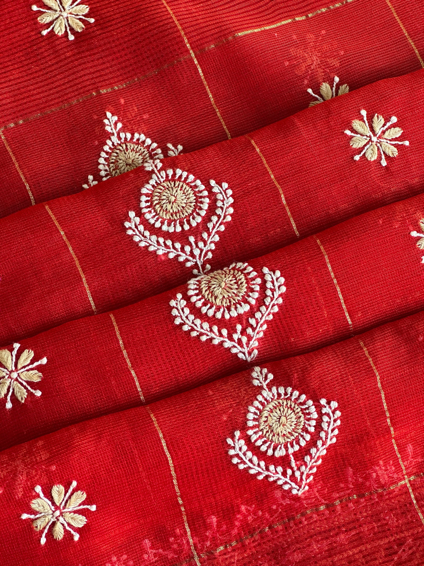 Red Shade Tissue Zari Kota Chikankari Unstitched Fabric