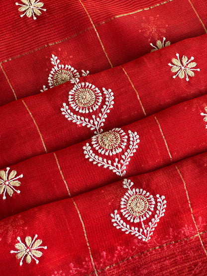 Red Shade Tissue Zari Kota Chikankari Unstitched Fabric