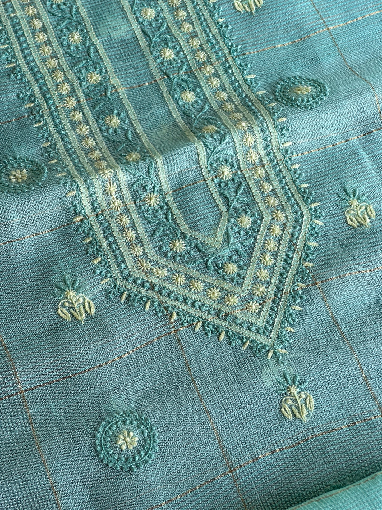 Aqua Green Shade Tissue Zari Kota Chikankari Unstitched Fabric