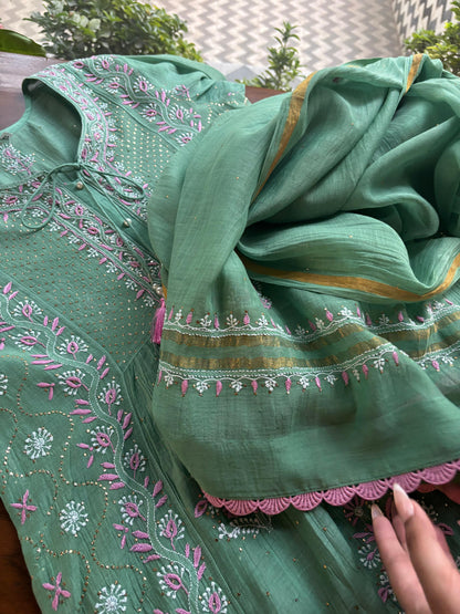 Green & Soft Pink Shade | Malmal Mukaish Kamdani Chikankari Stitched Kurta Dupatta Set