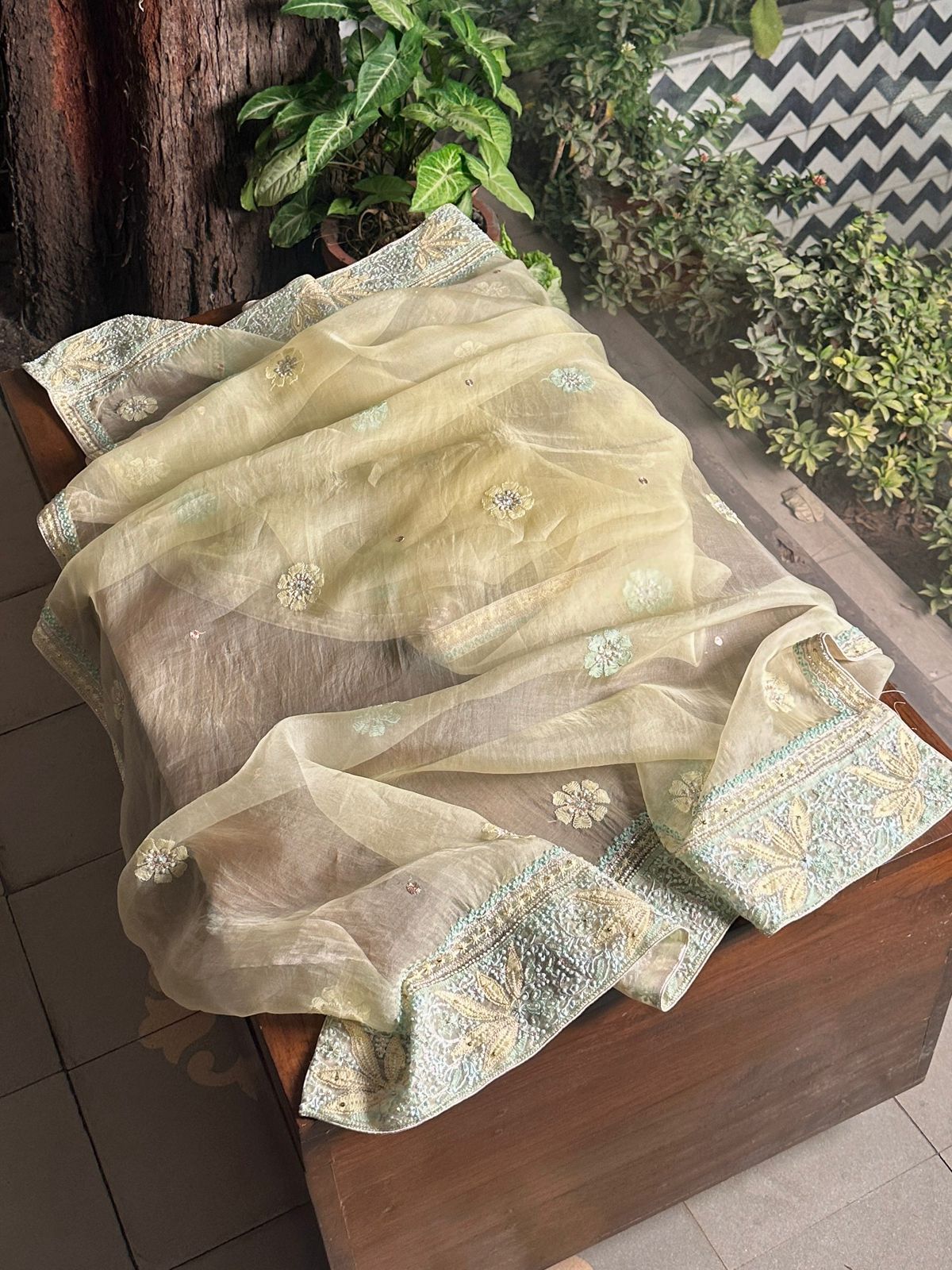 Lemon Shade Noor Banarasi Organza Chikankari Unstitched Fabric