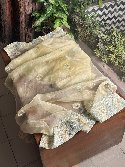 Lemon Shade Noor Banarasi Organza Chikankari Unstitched Fabric