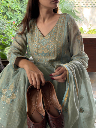 Cement Shade Tissue Silk Chikankari Bhopali Cut Kurta Dupatta Set