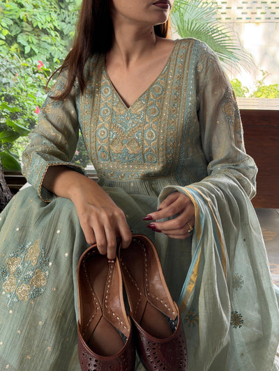 Cement Shade Tissue Silk Chikankari Bhopali Cut Kurta Dupatta Set