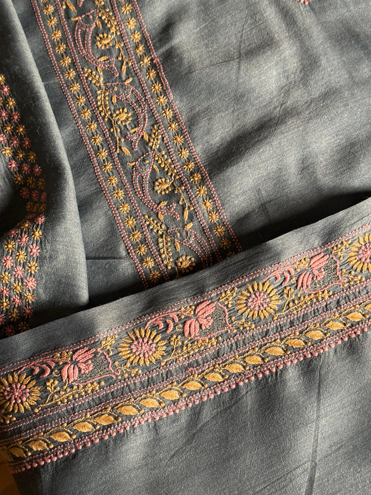 Blue Shade Moonga Silk Chikankari Men’s Kurta Fabric