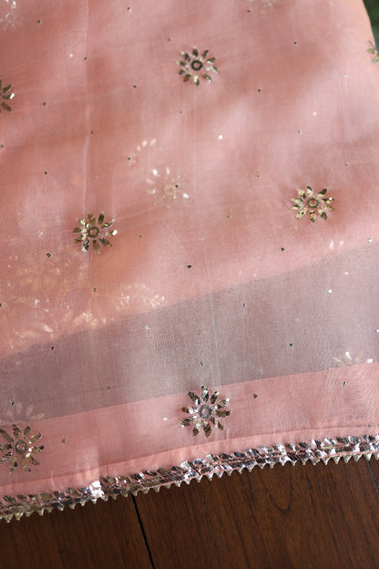 Coral Peach Shade Noor Organza Silk Badla Unstitched Kurta Dupatta Set