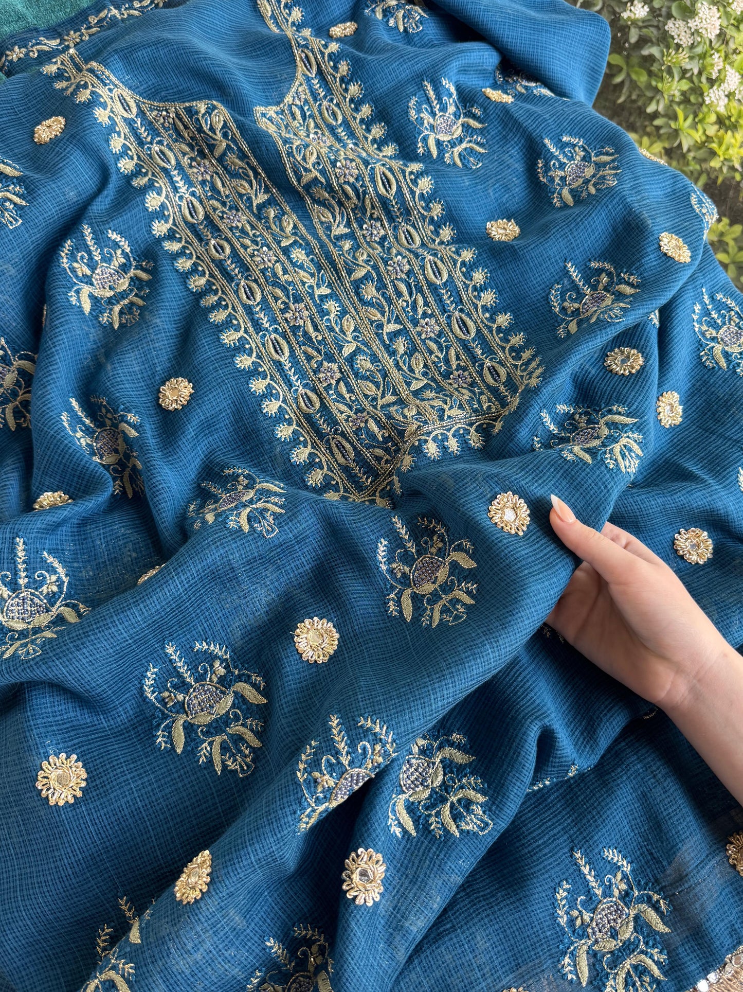 Blue Handloom Kota Chikankari With Mirror Work Unstitched Kurta Dupatta Set