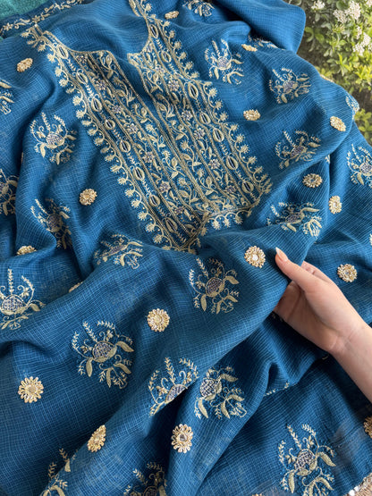 Blue Handloom Kota Chikankari With Mirror Work Unstitched Kurta Dupatta Set