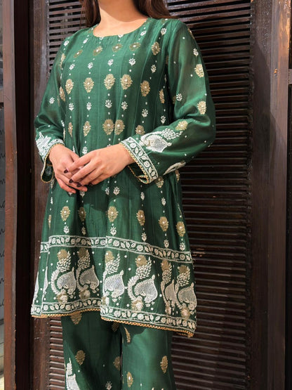 Green Zari Chanderi Chikankari Co-Ord Set