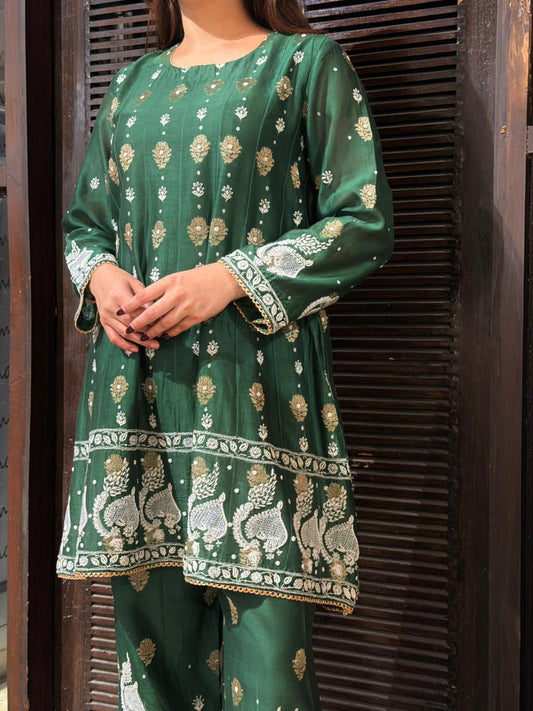 Green Zari Chanderi Chikankari Co-Ord Set
