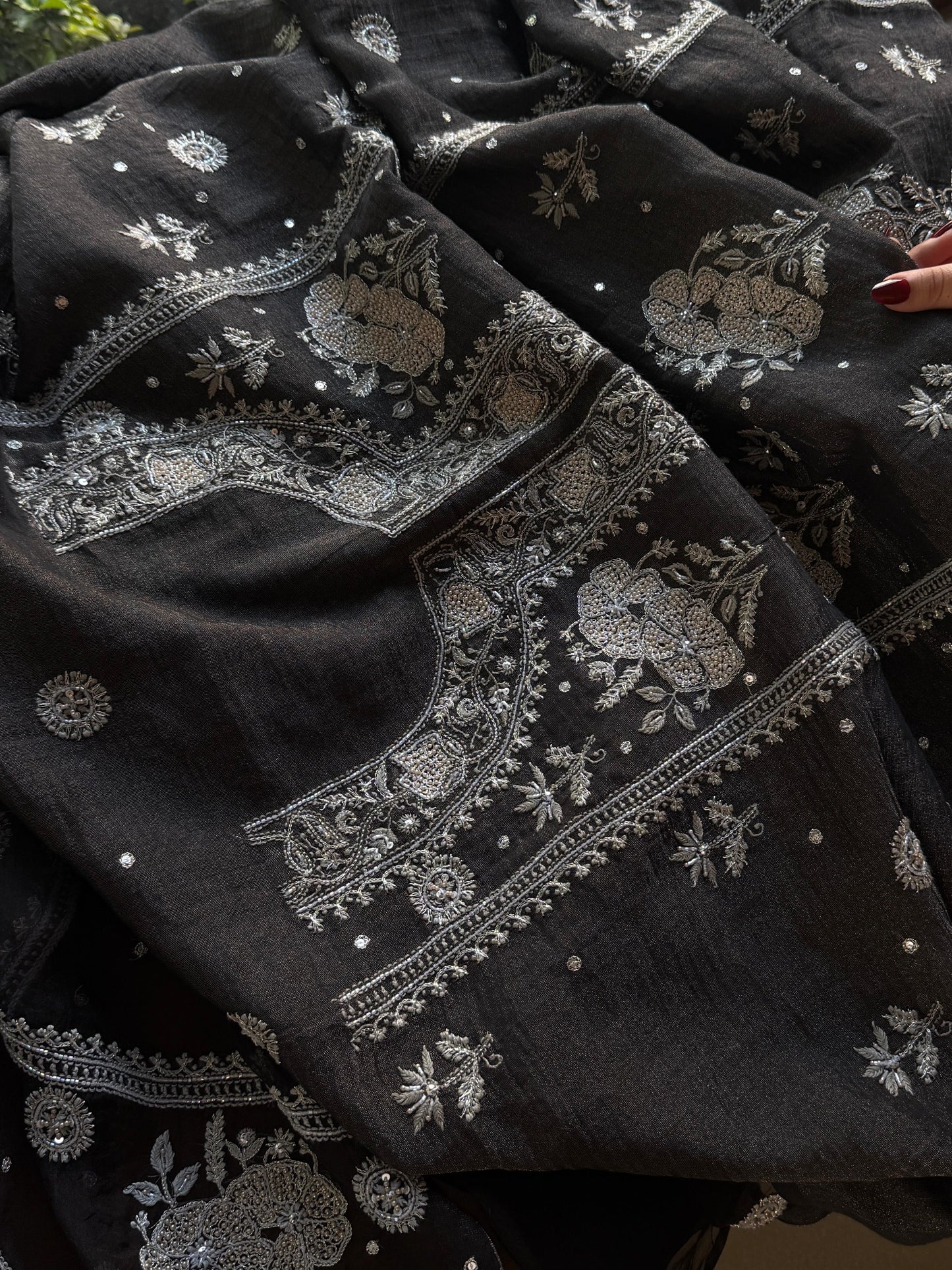 MYSTIC BLACK AND ASH SILVER | TISSUE SILK CHIKANKARI