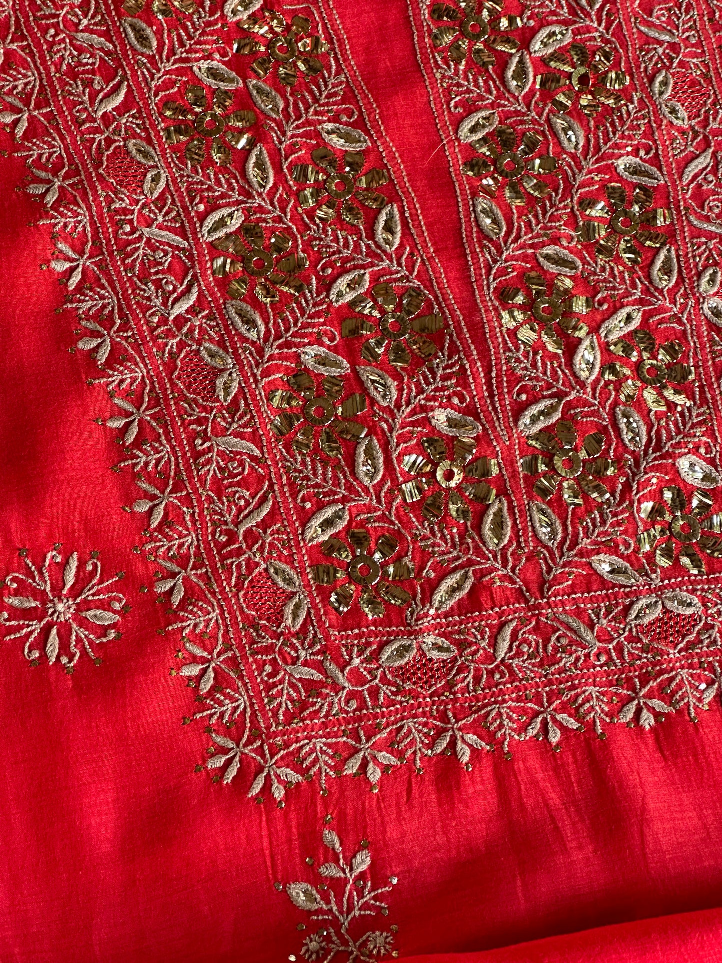 Red Shade Mal Cotton Chikankari Unstitched Kurta Dupatta Fabric With Mukaish Badla