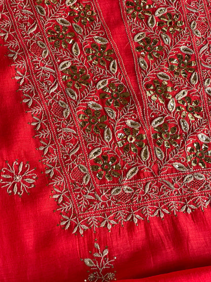 Red Shade Mal Cotton Chikankari Unstitched Kurta Dupatta Fabric With Mukaish Badla