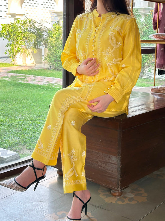 Yellow Shade Chanderi Chikankari Co-Ord Set