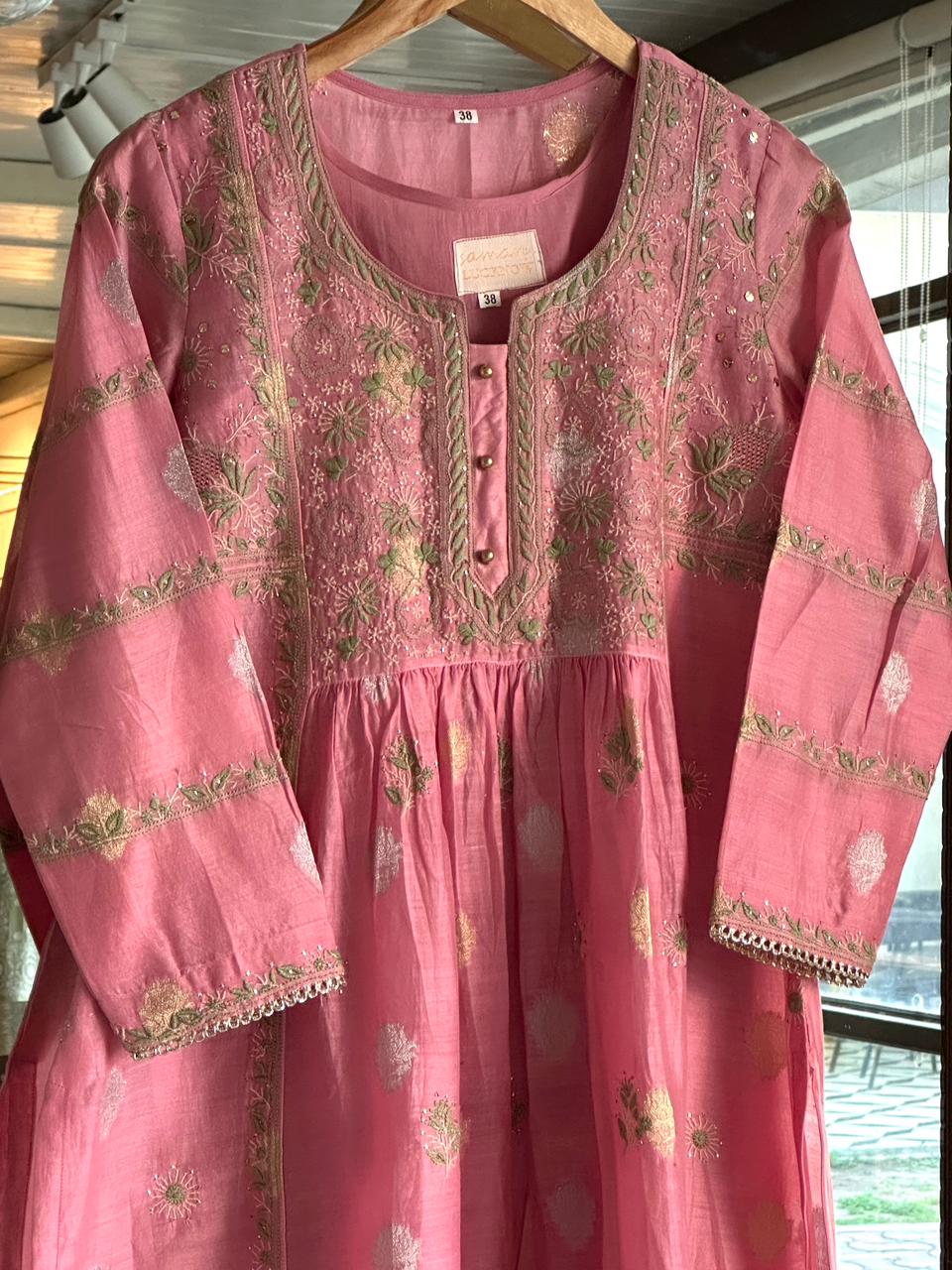 Mauve Pink Zari Chanderi Chikankari Ready to Wear Tunics