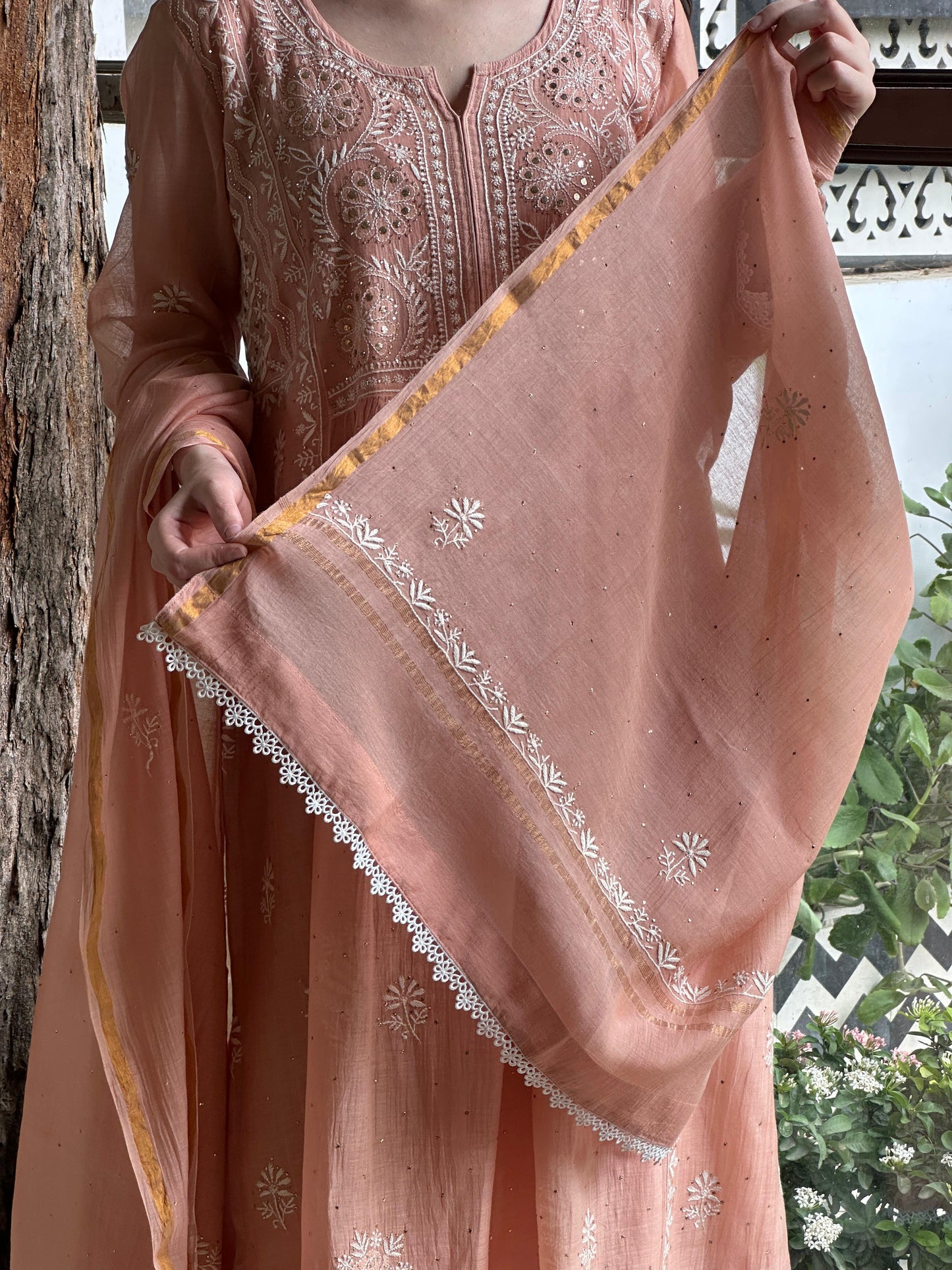 Peach Shade Malmal Mukaish Kamdani Kurta Set
