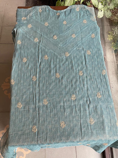 Grey Blue Shade | Tissue Silk Chikankari Work Kurta Set