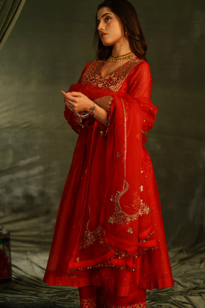 Red & Purple Maheshwari Silk Awadhi Zardosi Kurta Set