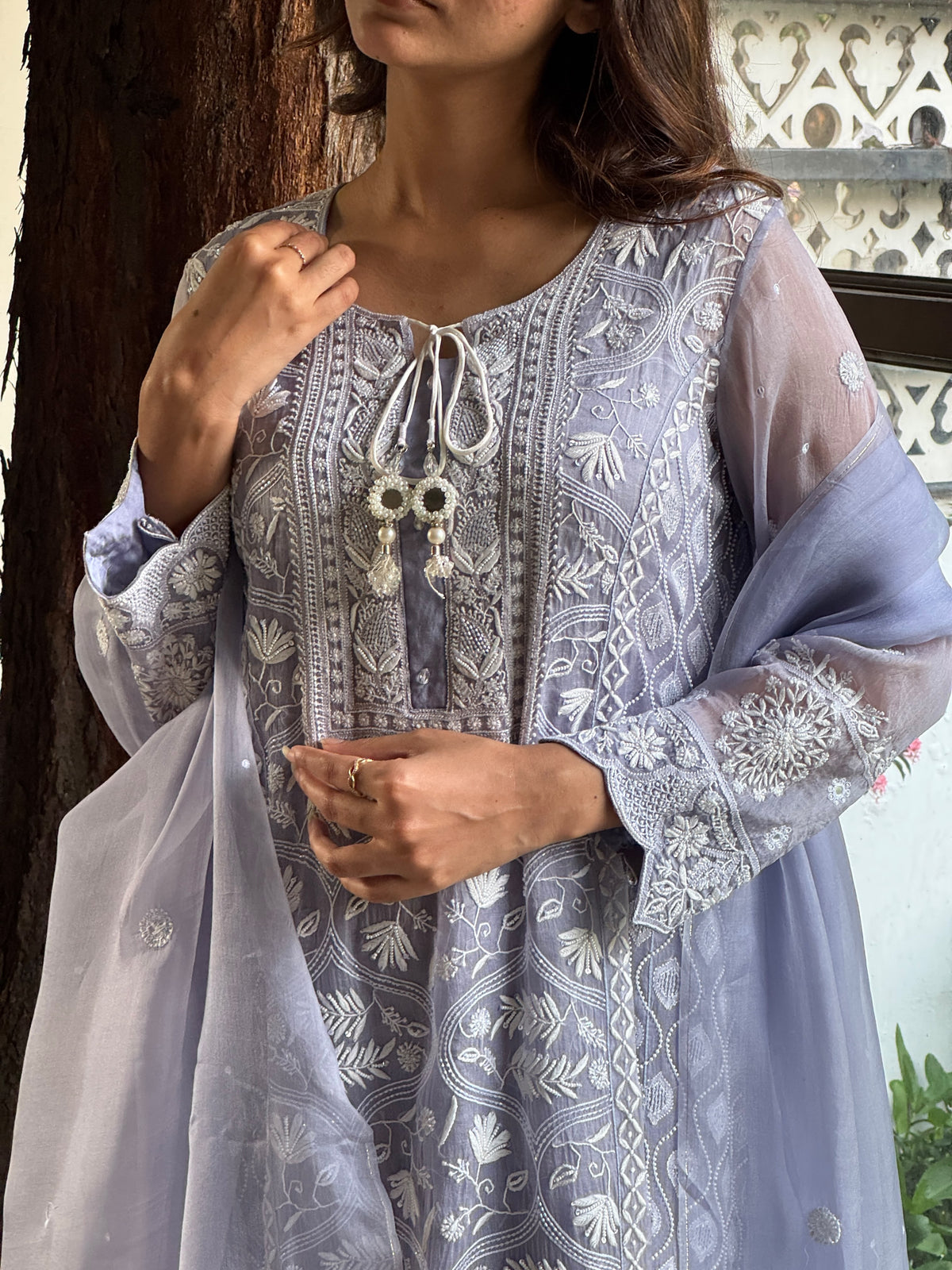Mauve Blue Shade Cutwork Noor Organza Chikankari Anarkali