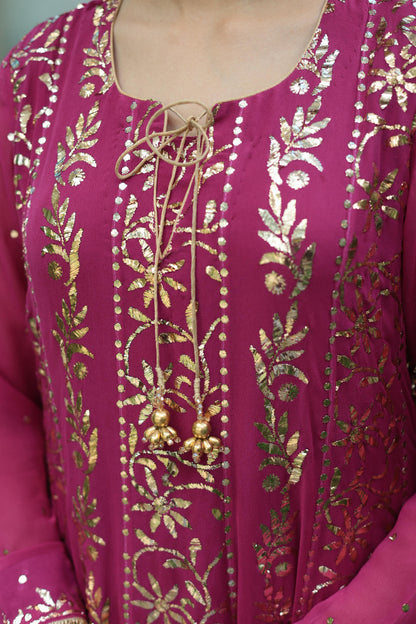 Plum Pink Shade Heavy Mukaish Badla Anarkali Suit Set