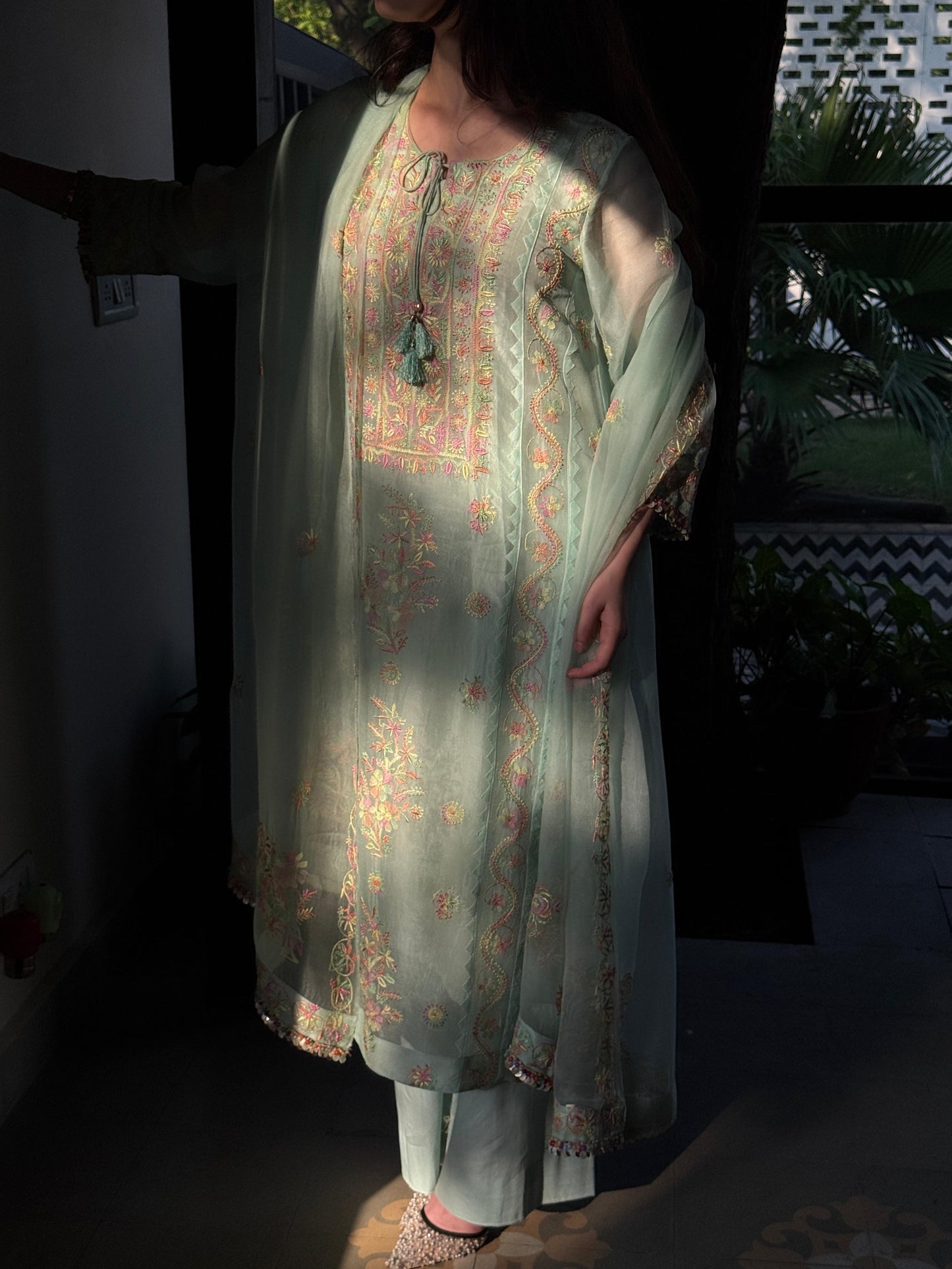 Mint Blue Multi Coloured Noor Organza Resham Chikankari Kurta Set