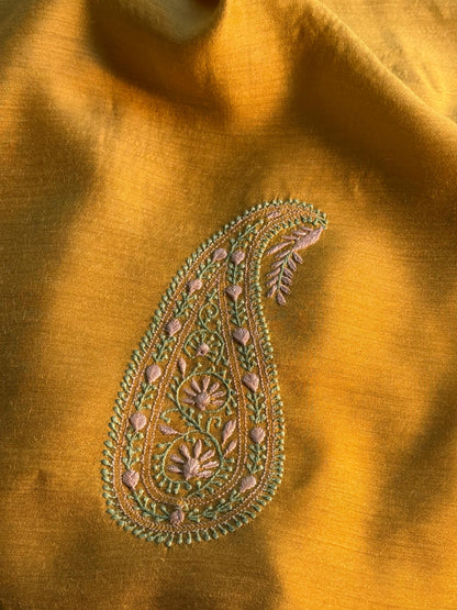 Mustard Yellow Moonga Silk Chikankari Men’s Kurta Fabrics