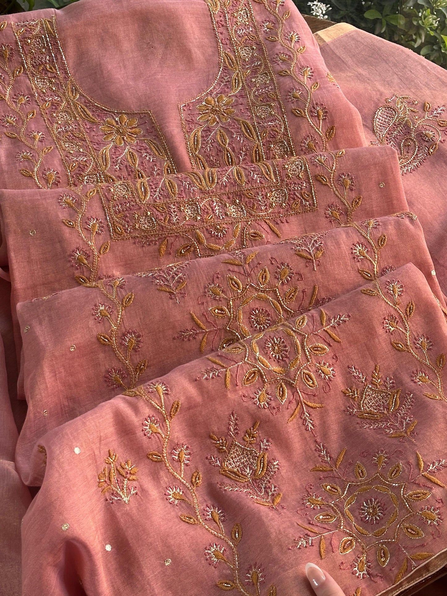 Rose Pink Shade Roheen Tissue Silk Chikankari Unstitched Fabric