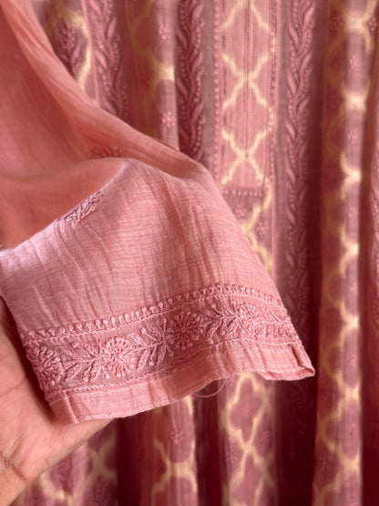 Onion Pink Zari Chanderi Chikankari A Line Kurta with Slip