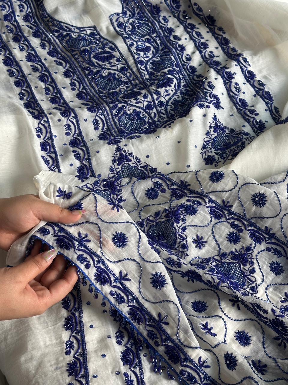 Indigo White Mal Chanderi Silk Chikankari Unstitched Fabric