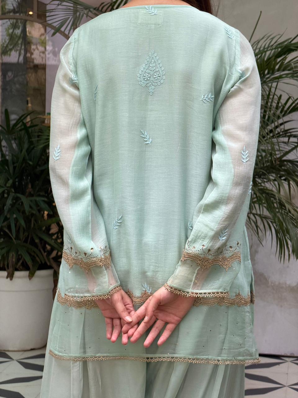 Satin Linen Farshi Sets With Chikankari & Kamdani