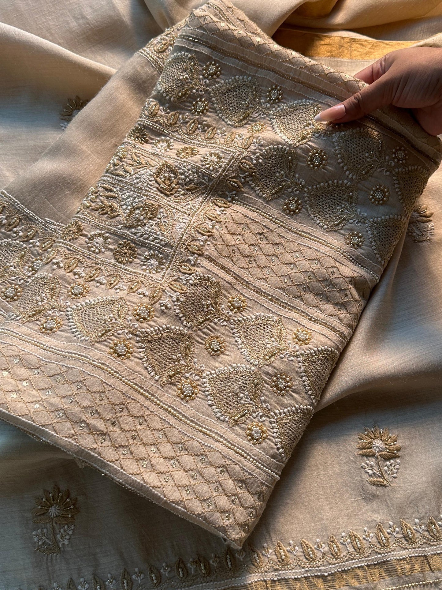 Natural Moonga Silk Chikankari Unstitched Fabric