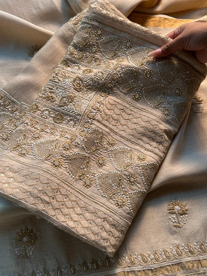Natural Moonga Silk Chikankari Unstitched Fabric