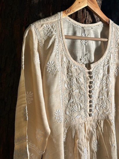 Natural Tussar Silk Chikankari Ready to Wear A Line Kurta