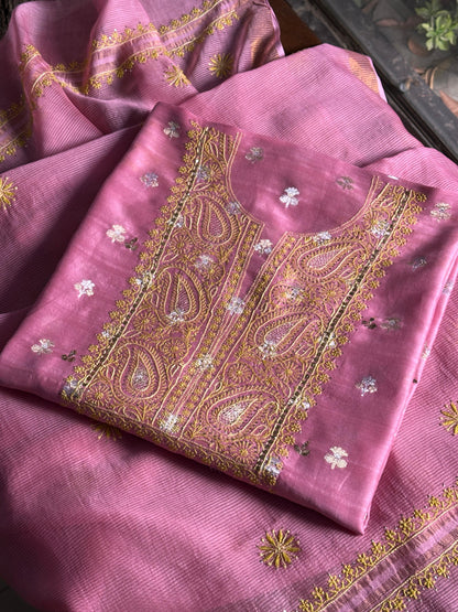 Pink Shade Zari Booti Fine Chikankari With Kamdani Work Unstitched Fabric