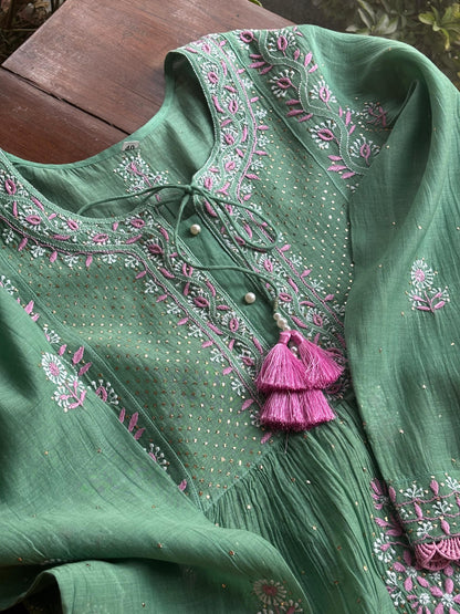 Green & Soft Pink Shade | Malmal Mukaish Kamdani Chikankari Stitched Kurta Dupatta Set