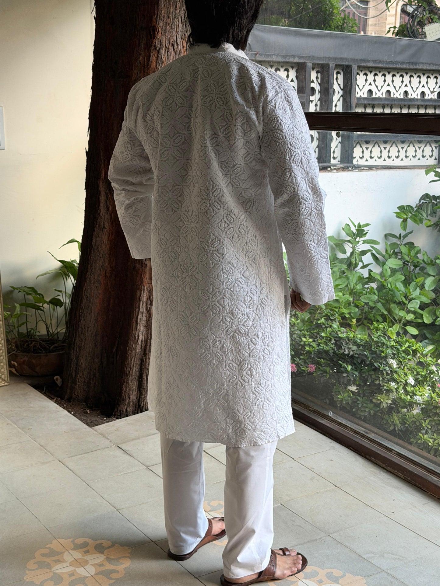 White Cotton Chikankari Men's Kurta