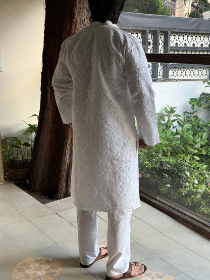 White Cotton Chikankari Men's Kurta