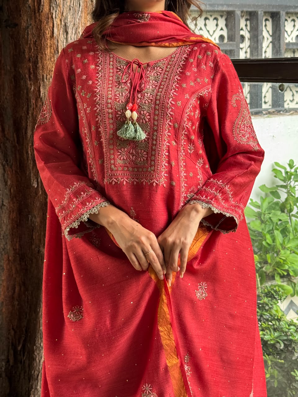 Brick Red Moonga Silk Chikankari Anarkali With Dupatta
