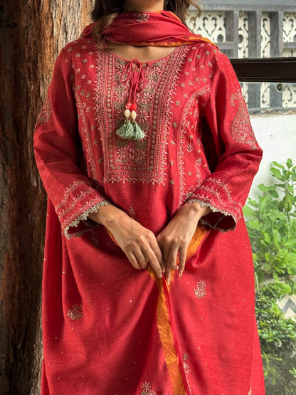Brick Red Moonga Silk Chikankari Anarkali With Dupatta