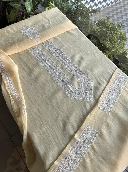 Yellow Mulmul Chikankari Unstitched Men's Kurtas Fabric