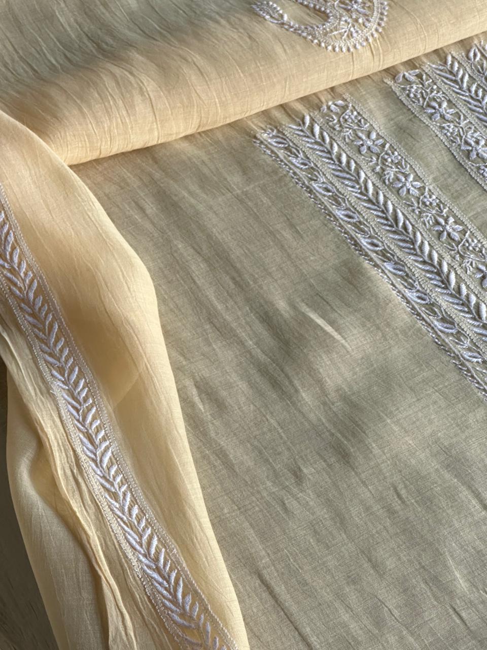 Yellow Mulmul Chikankari Unstitched Men's Kurtas Fabric